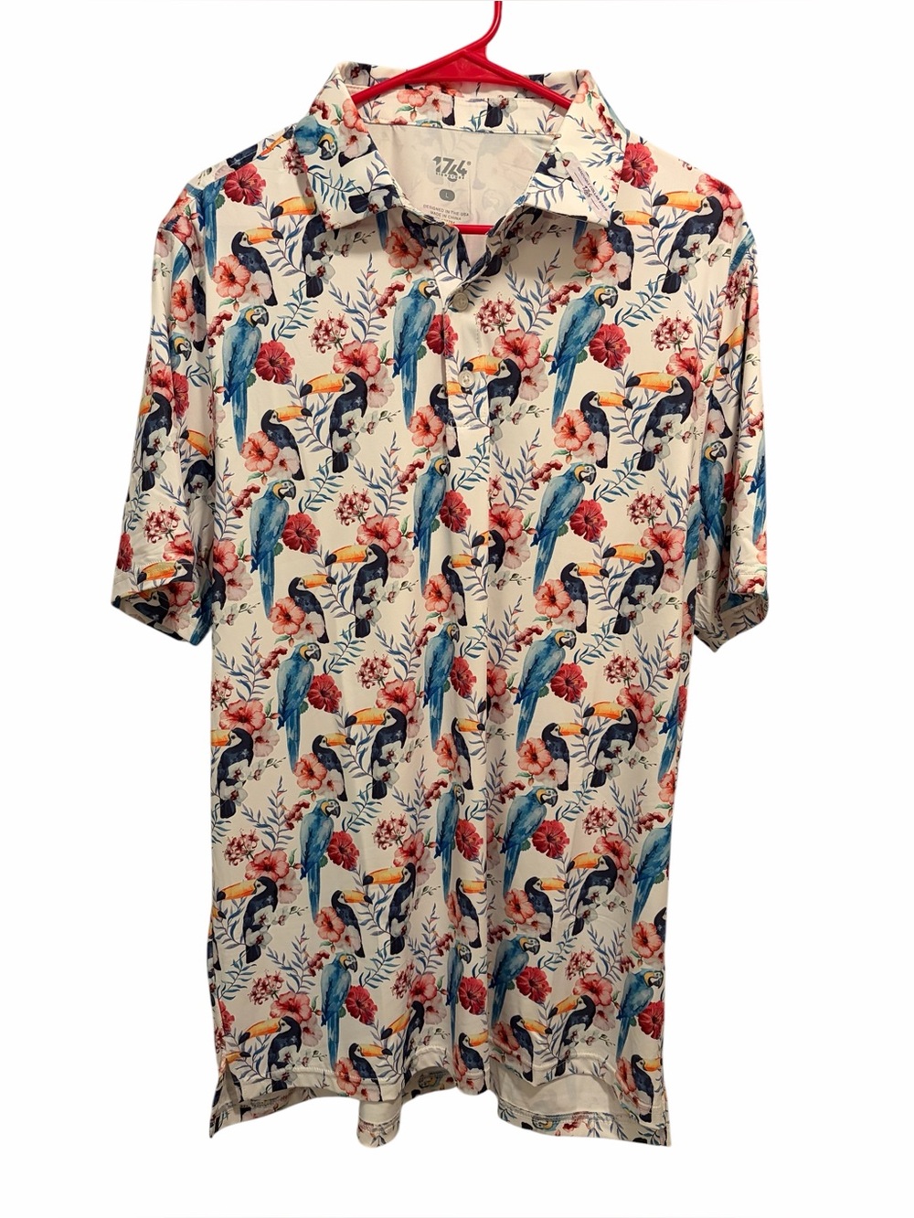 1764 Tropical‎ Parrot Print Short-Sleeve Polo. Size large. Good condition